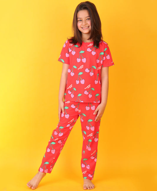 CHERRY FUN RED SHORT SLEEVES PYJAMA SET  - RED