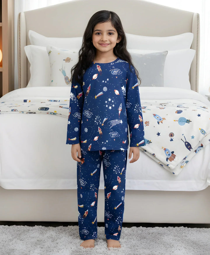 SOLAR SYSTEM FUN DREAMS GIRLS LONG SLEEVES PYJAMA SET - BLUE - Anthrilo 