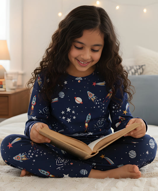 SOLAR SYSTEM FUN DREAMS GIRLS LONG SLEEVES PYJAMA SET - BLUE