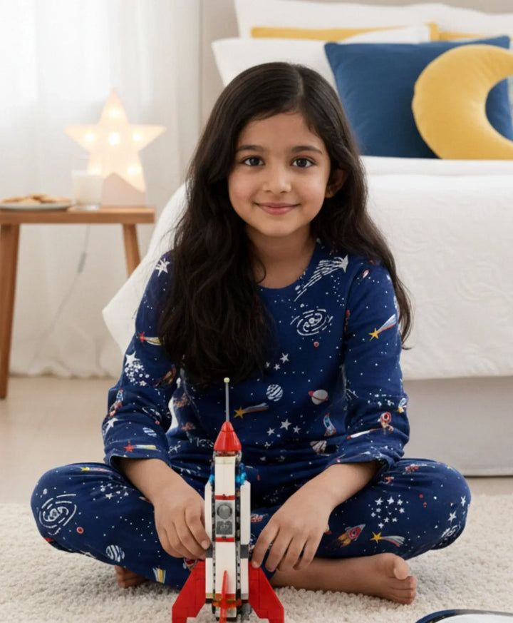 SOLAR SYSTEM FUN DREAMS GIRLS LONG SLEEVES PYJAMA SET - BLUE - Anthrilo 