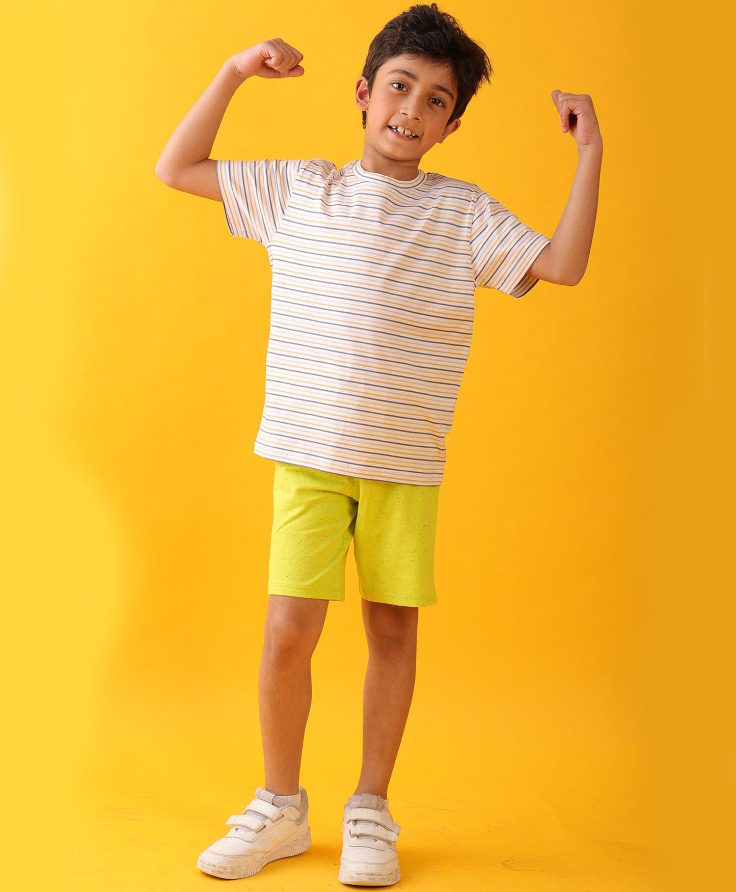 MUSTARD THIN STRIPE LIME SUMMER SHORTS SET - WHITE.LIME