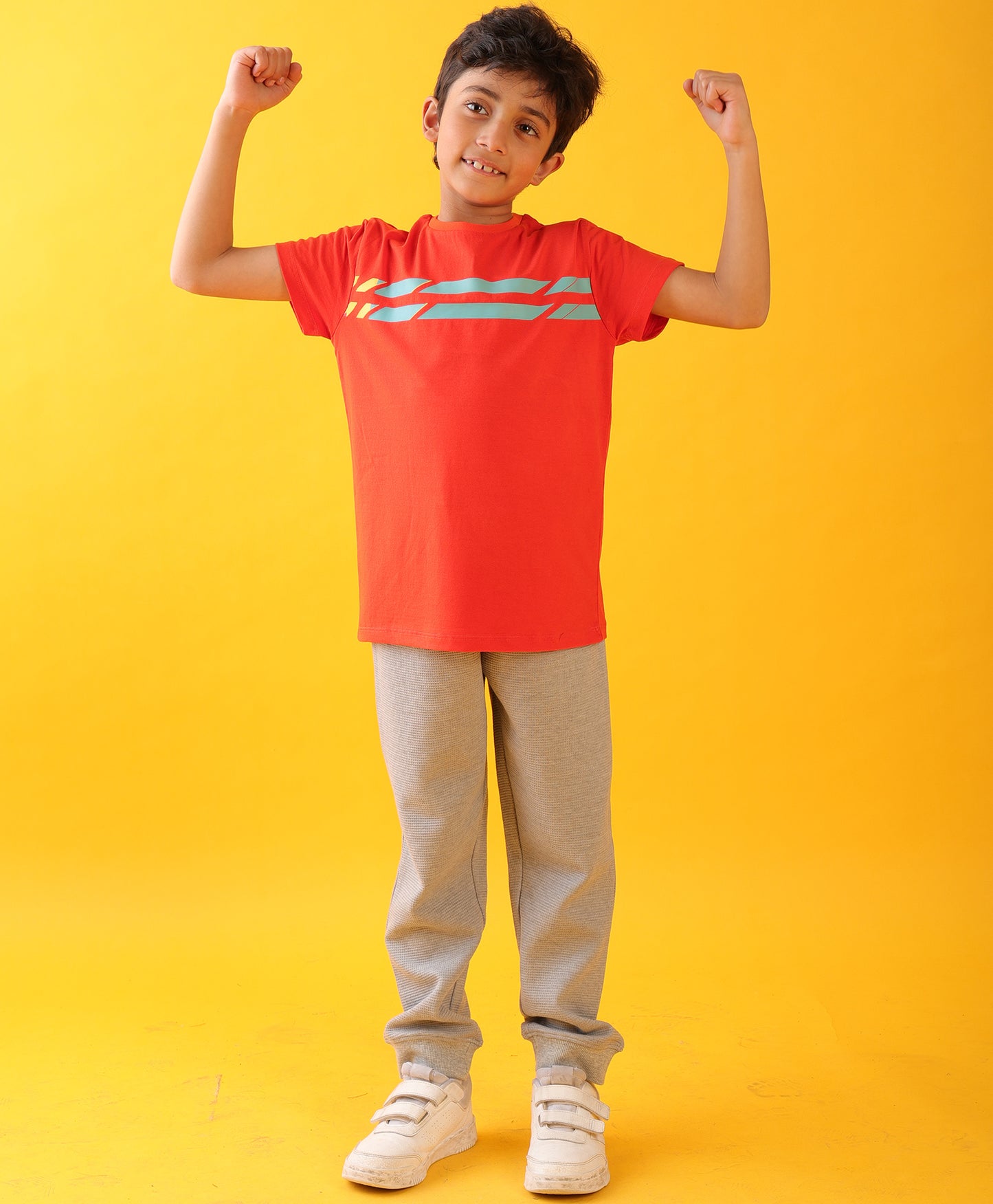 ORANGE ENGLAND STRIPED GREY TEXTURED BOYS SUMMER JOGGER SET - ORANGE/GREY