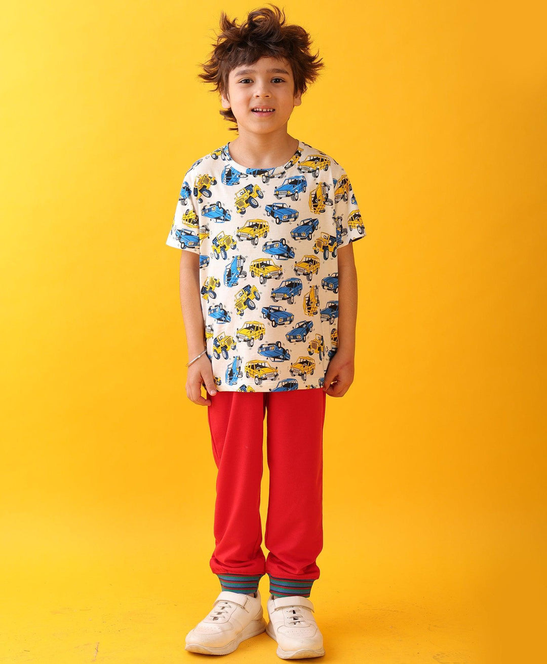 CARS PRINT SUMMER RED RIB BOYS JOGGER SET - WHITE/RED - Anthrilo 
