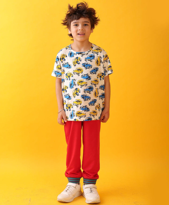 CARS PRINT SUMMER RED RIB BOYS JOGGER SET - WHITE/RED - Anthrilo 