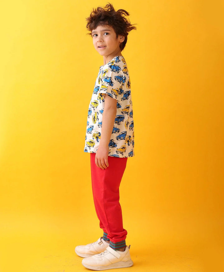 CARS PRINT SUMMER RED RIB BOYS JOGGER SET - WHITE/RED - Anthrilo 