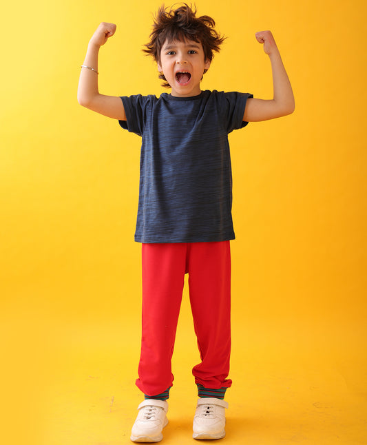 NAVY TEXTURED SUMMER RED RIB BOYS JOGGER SET - NAVY/RED