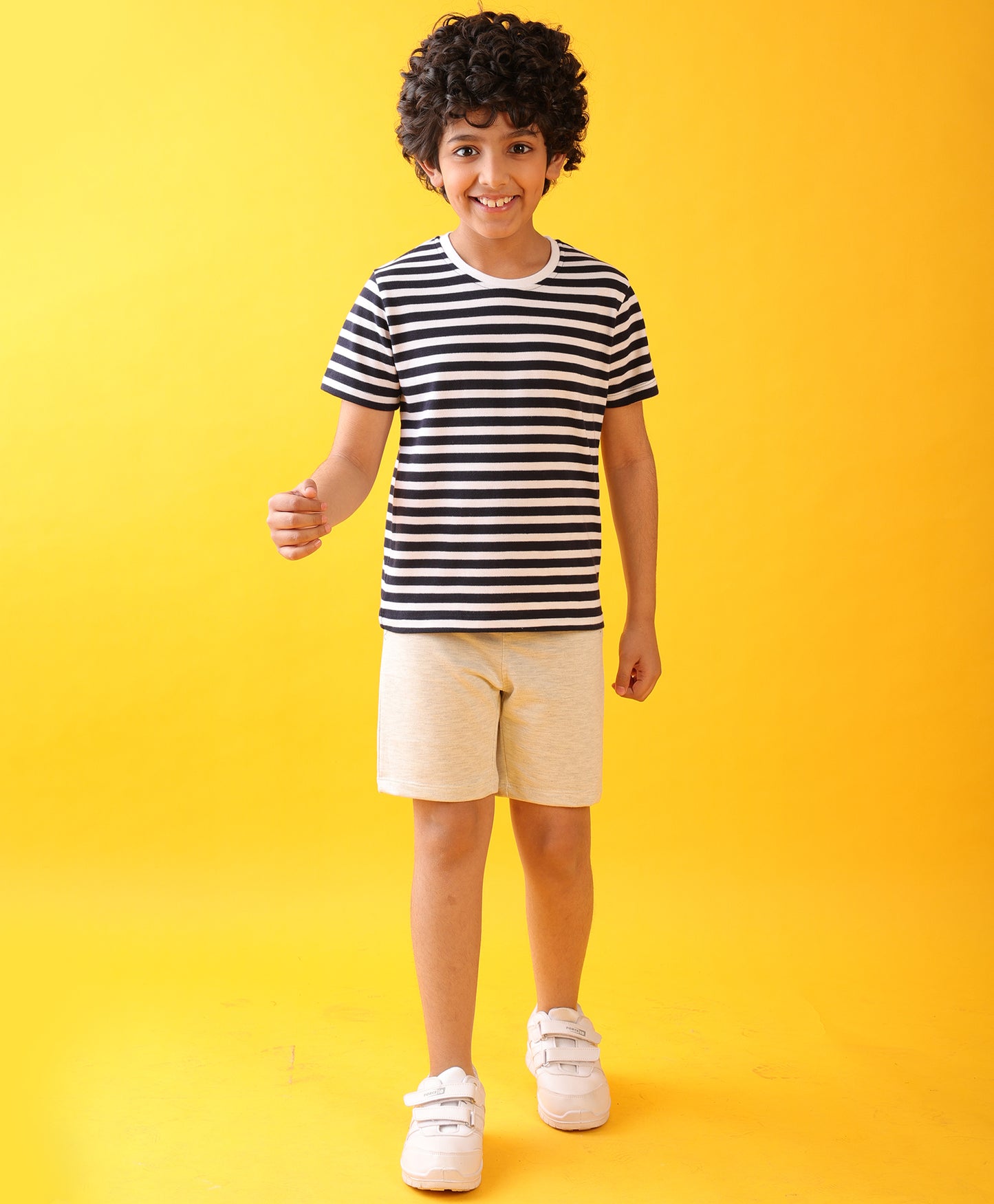 NAVY WHITE STRIPED ECRU MELANGE SHORTS SET - NAVY/ECRU