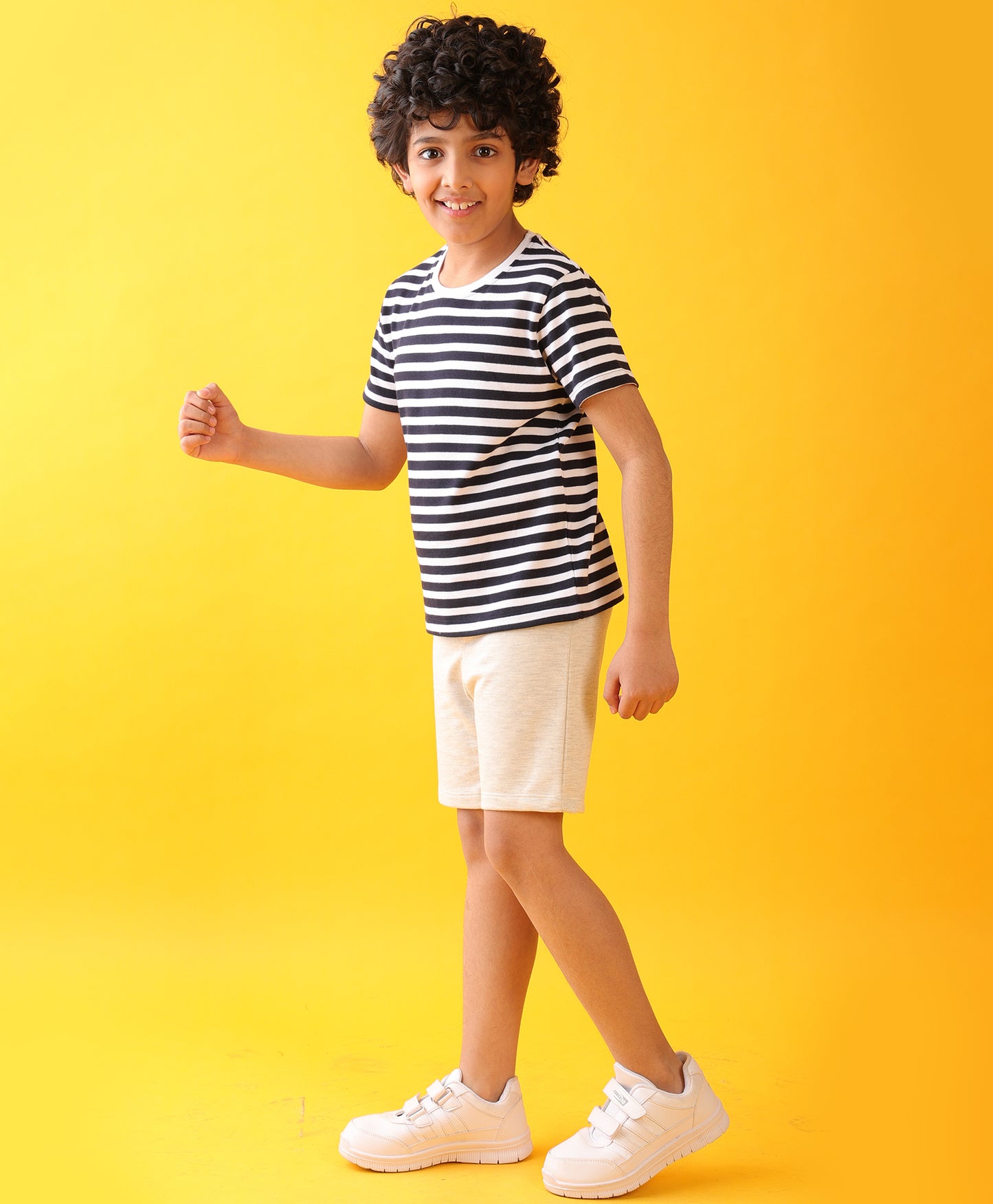 NAVY WHITE STRIPED ECRU MELANGE SHORTS SET - NAVY/ECRU