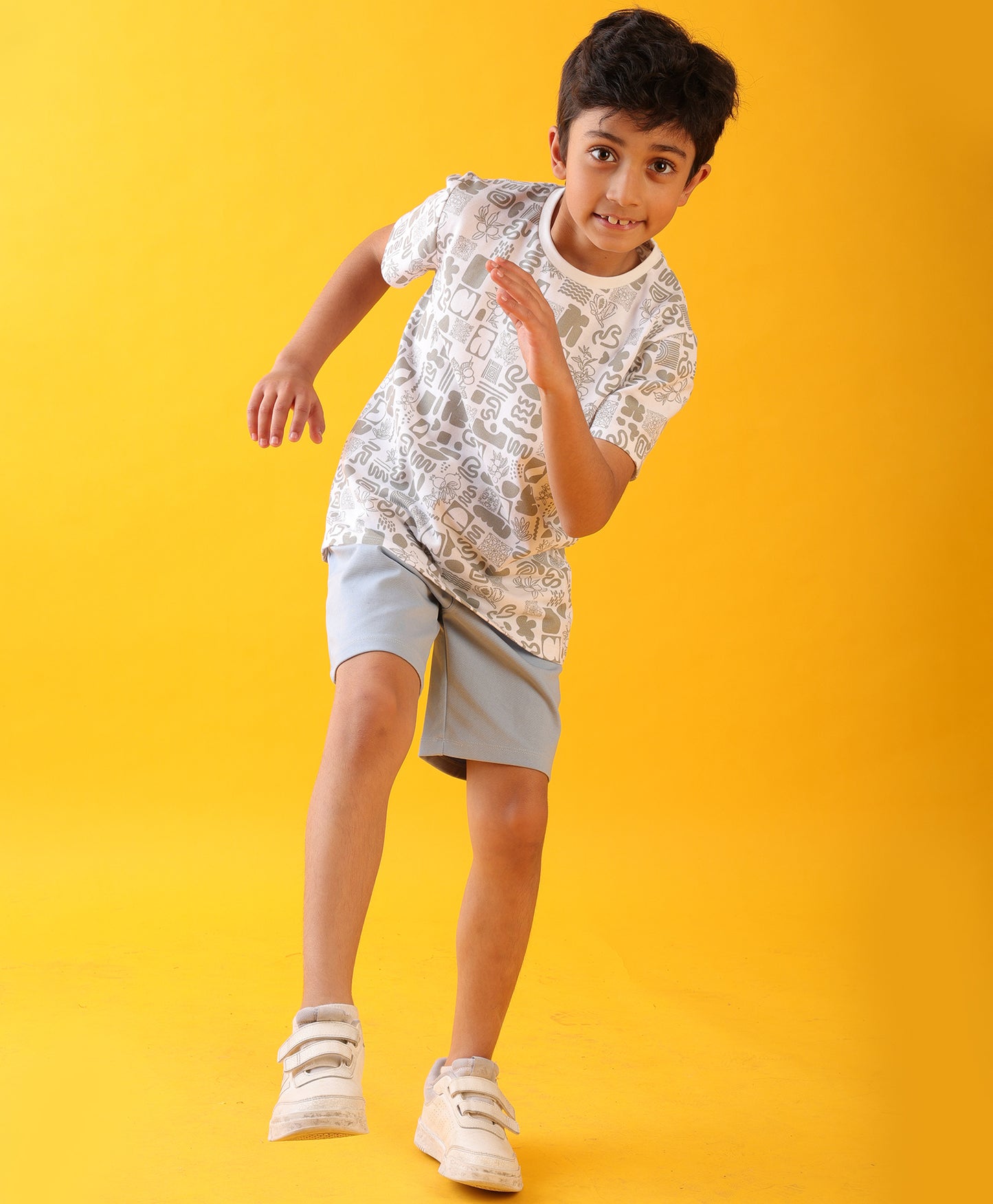 WAVES AOP SKY BOYS SHORTS SET - WHITE/SKY