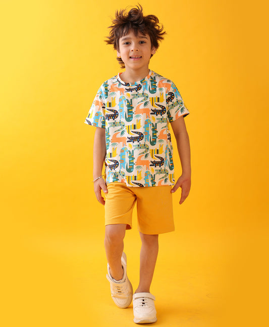 CROCODILE MUSTARD SUMMER SHORTS SET - WHITE/MUSTARD