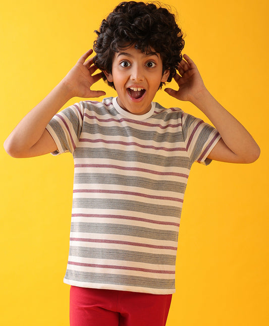 MEHROON WHITE STRIPED SHORT SLEEVE BOYS T-SHIRT - WHITE/MEHROON