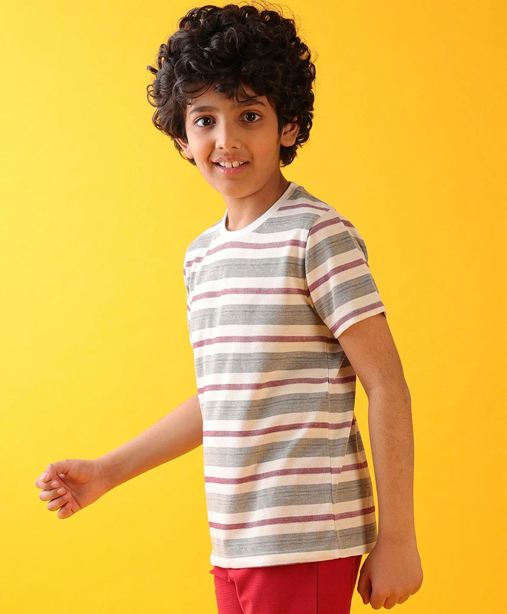MEHROON WHITE STRIPED SHORT SLEEVE BOYS T-SHIRT - WHITE/MEHROON - Anthrilo 