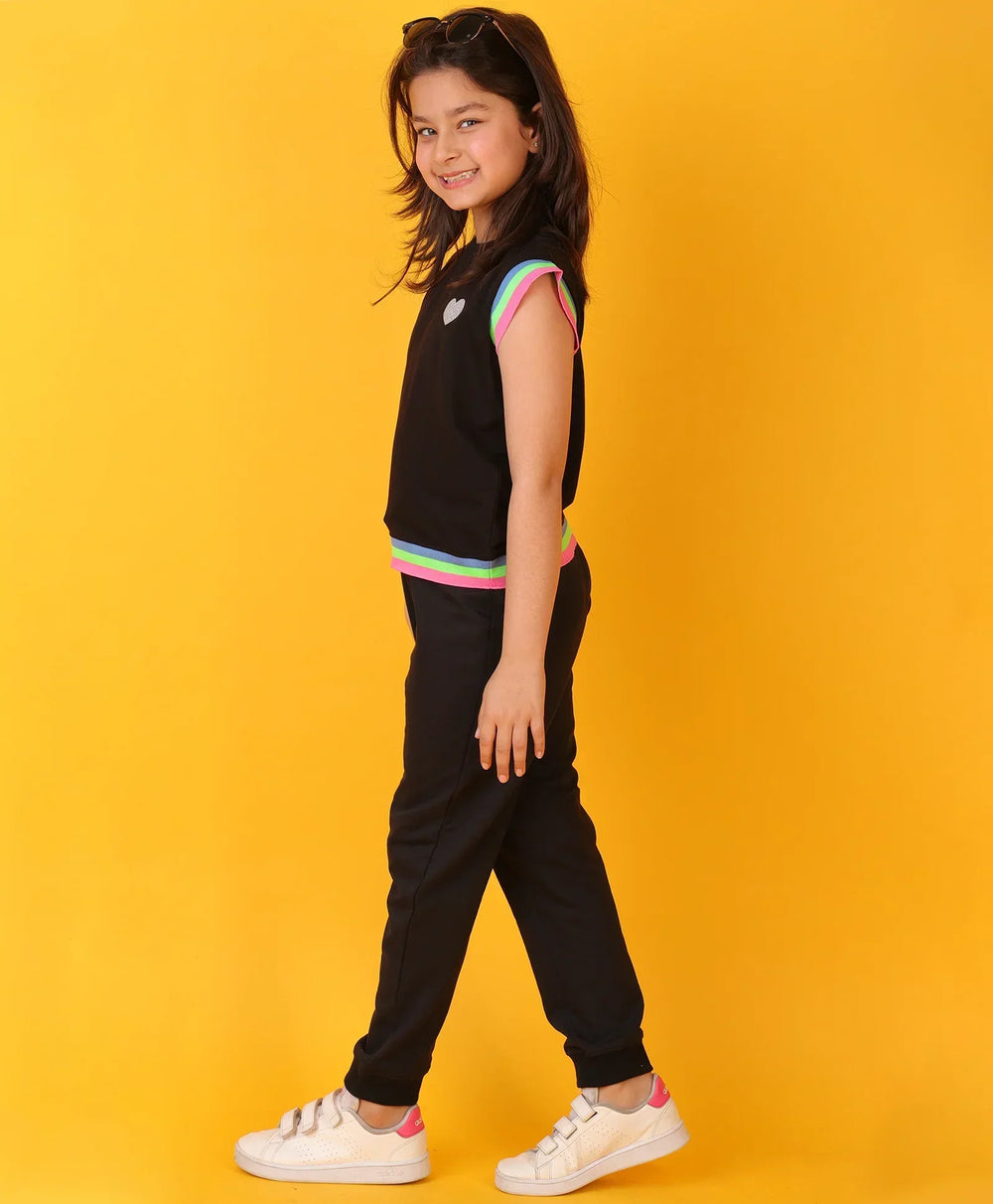 BLACK INTERLOCK FUN RIB GIRLS JOGGER SET - BLACK - Anthrilo 