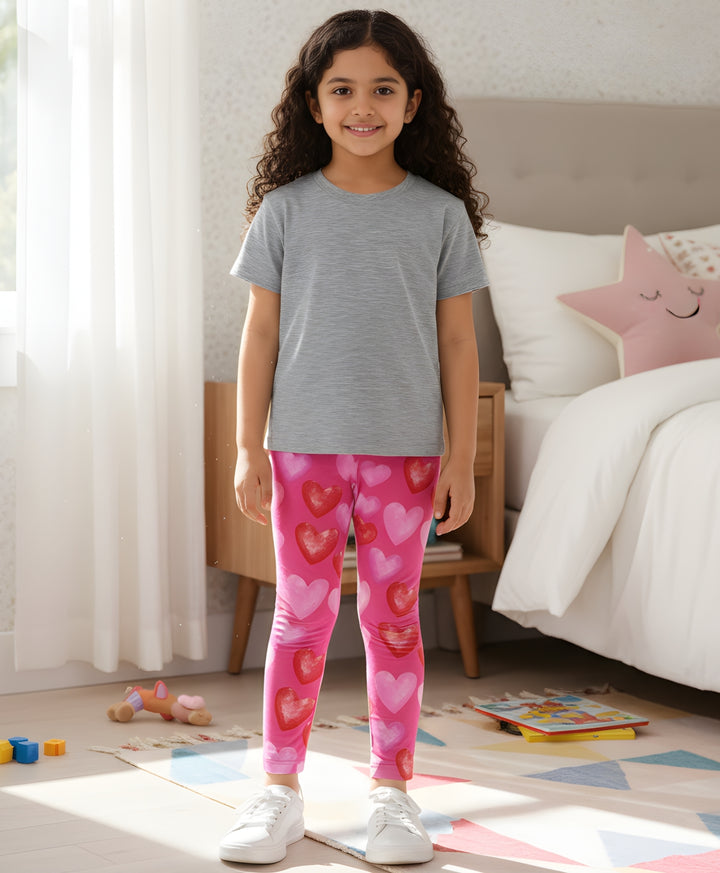 Grey Textured Pink Heart Leggings Set - Grey/Pink