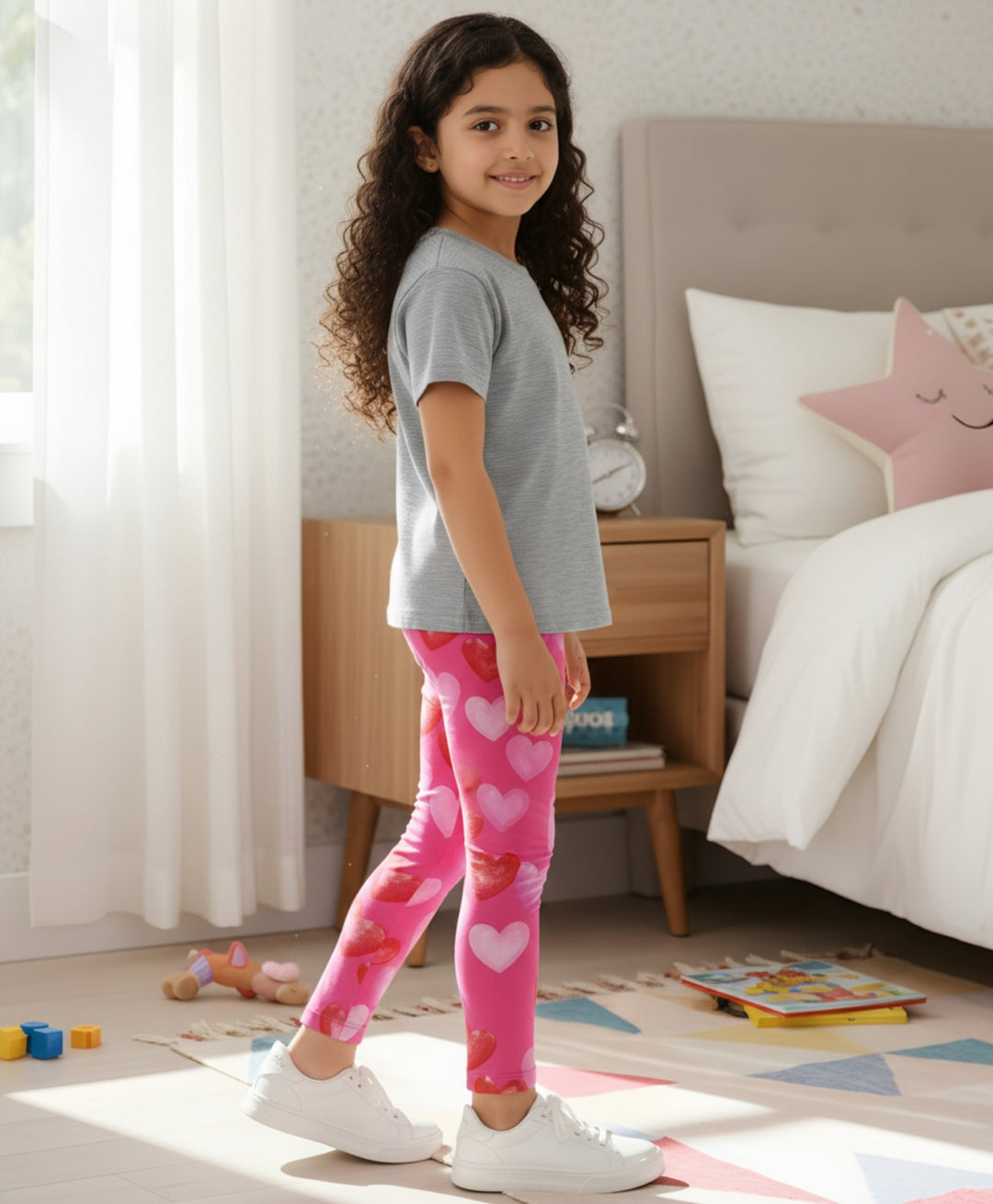 Grey Textured Pink Heart Leggings Set - Grey/Pink