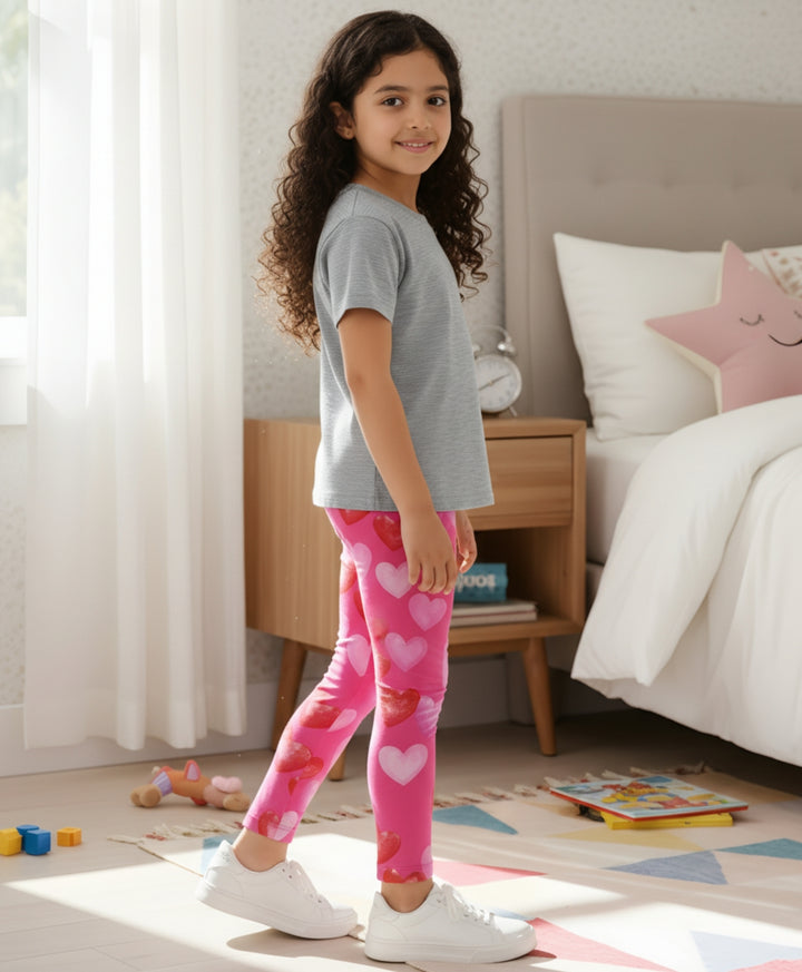 Grey Textured Pink Heart Leggings Set - Grey/Pink