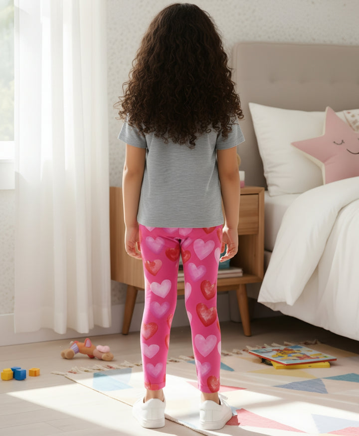 Grey Textured Pink Heart Leggings Set - Grey/Pink