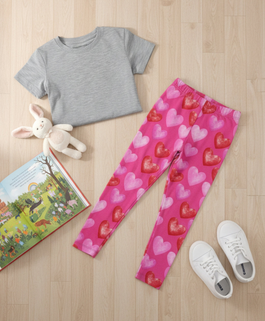 Grey Textured Pink Heart Leggings Set - Grey/Pink