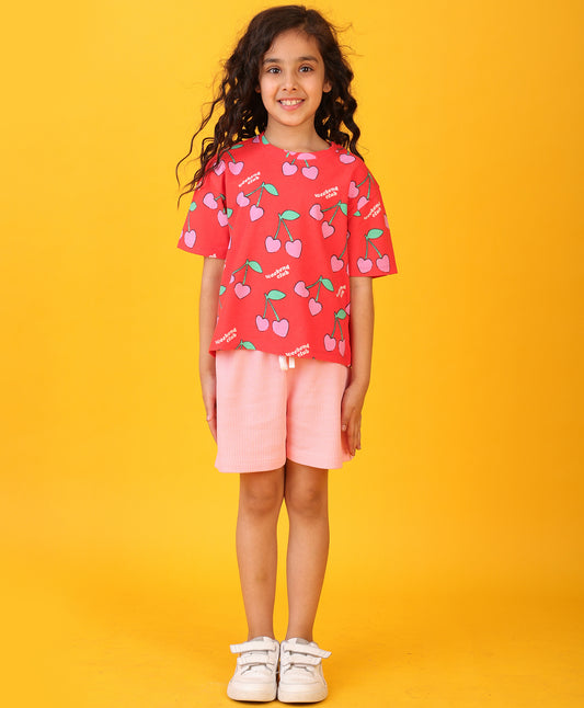 CHERRY RED PINK GIRLS SHORTS SET - RED/PINK