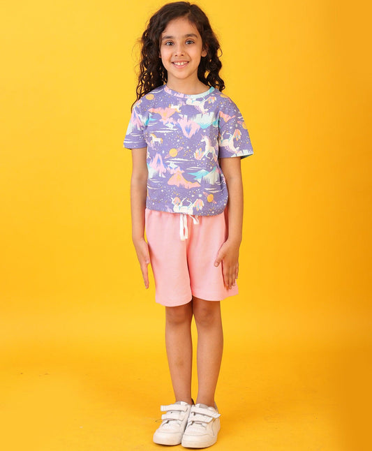 UNICORN PLANET PINK GIRLS SHORTS SET - PURPLE/PINK
