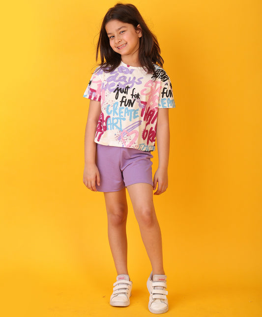 CREATE ART PURPLE GIRLS SHORTS SET - WHITE/PURPLE