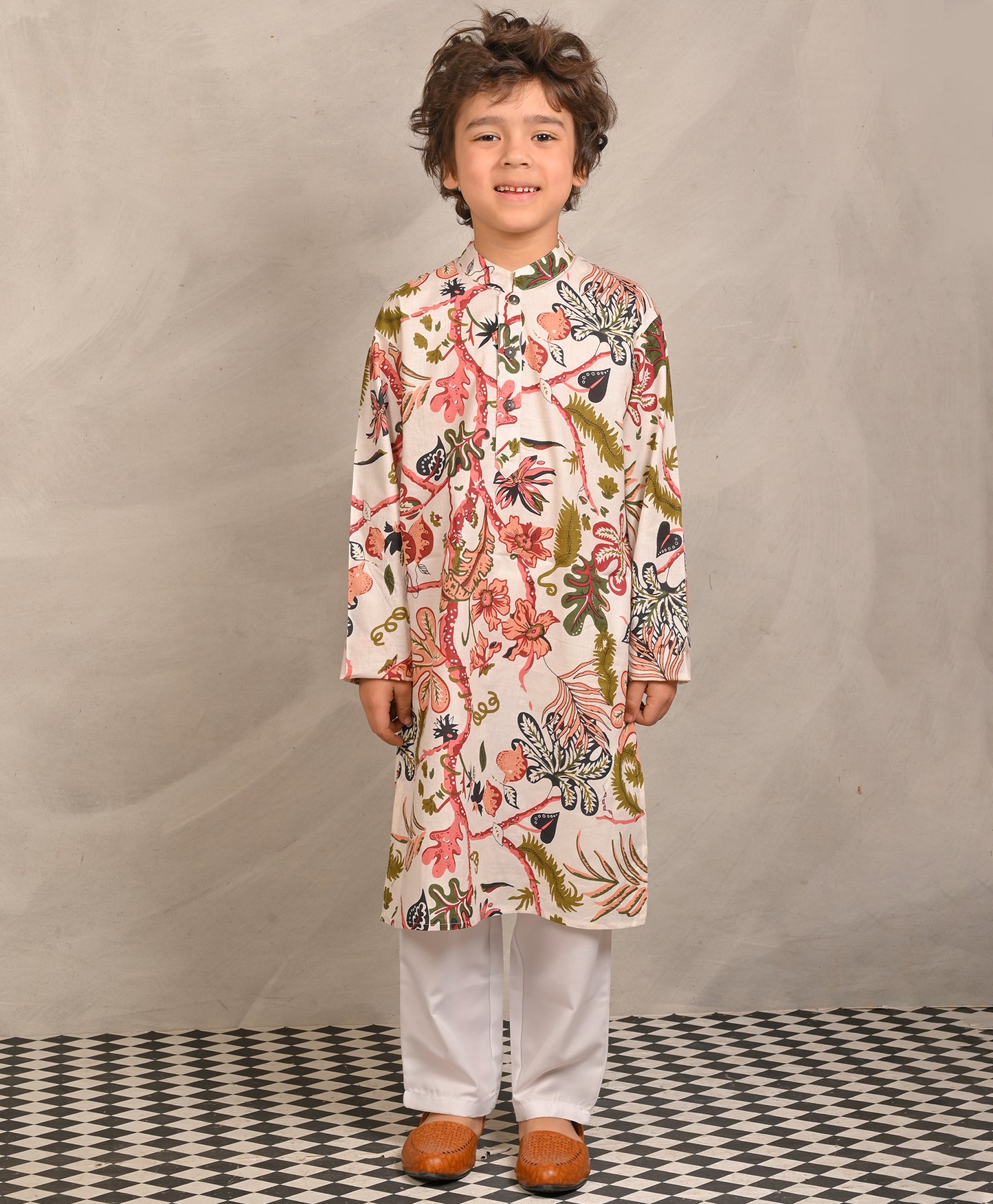 BEIGE FLORAL PRINT PURE COTTON KURTA PYJAMA SET - BEIGE/WHITE