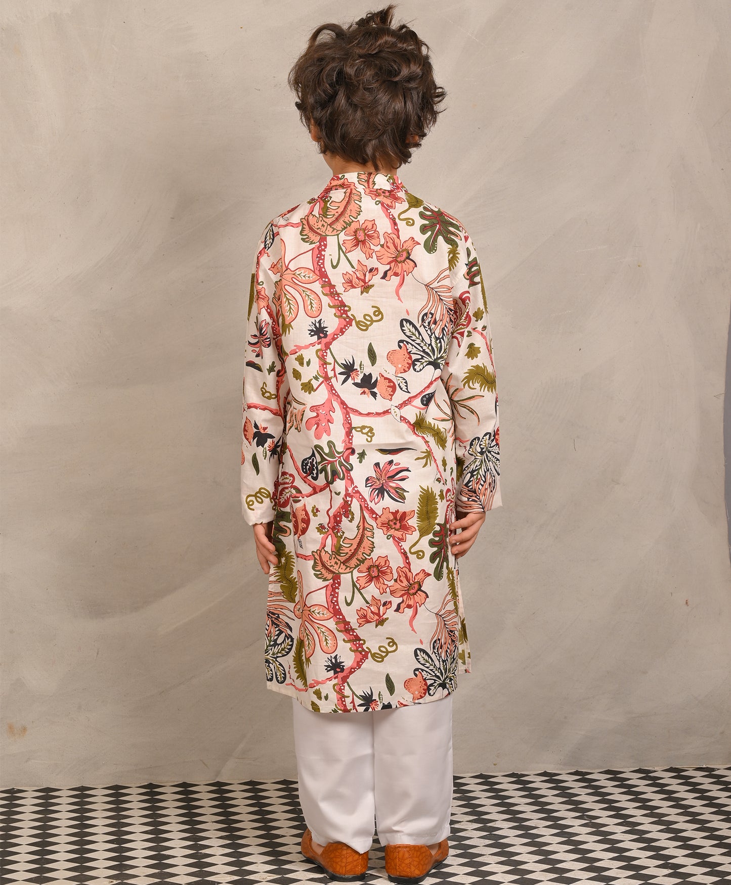 BEIGE FLORAL PRINT PURE COTTON KURTA PYJAMA SET - BEIGE/WHITE