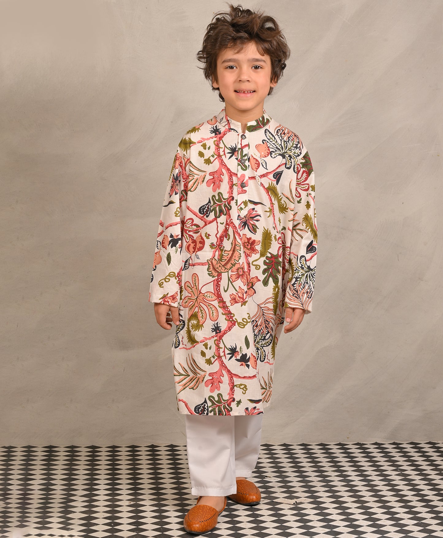 BEIGE FLORAL PRINT PURE COTTON KURTA PYJAMA SET - BEIGE/WHITE