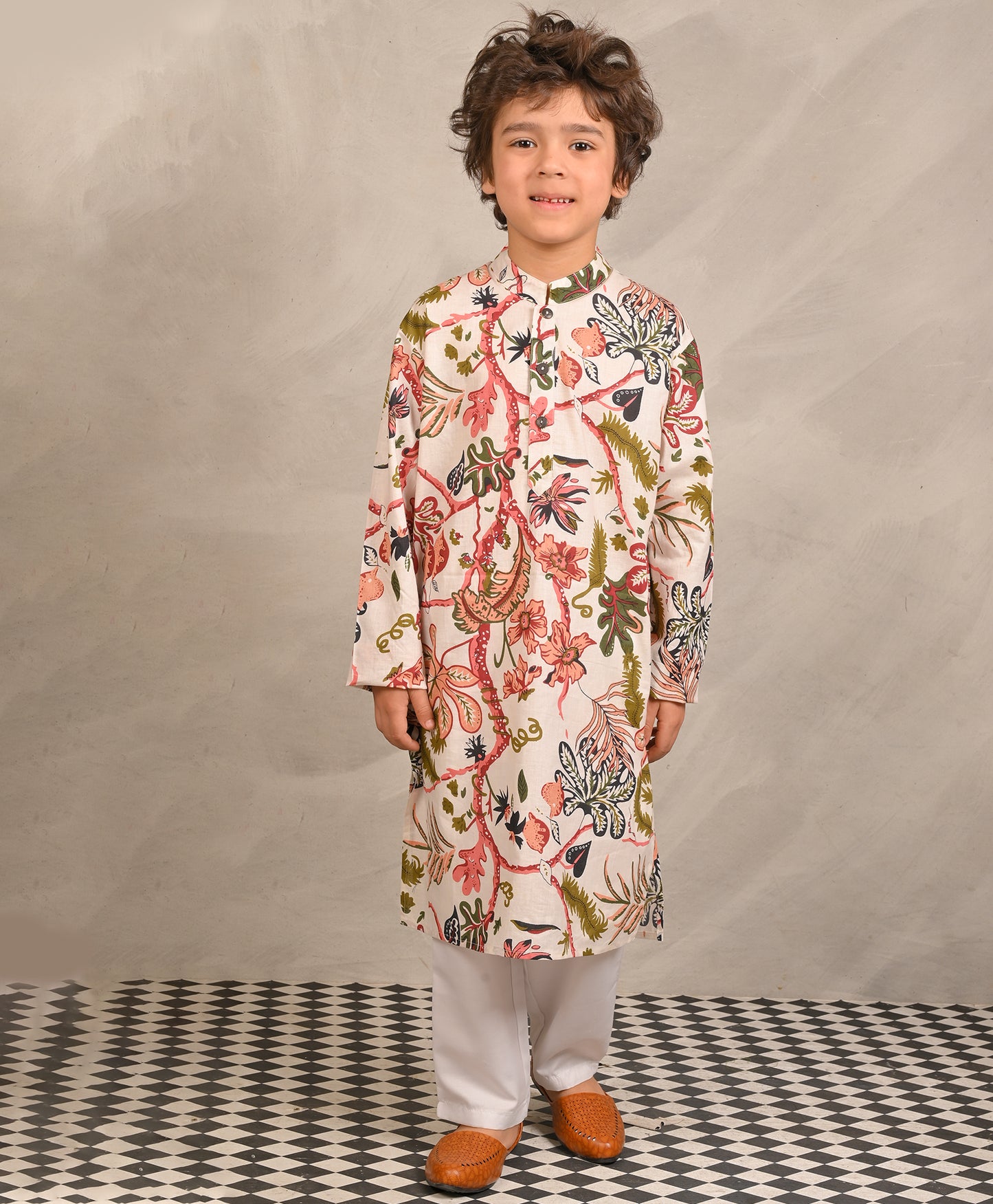 BEIGE FLORAL PRINT PURE COTTON KURTA PYJAMA SET - BEIGE/WHITE