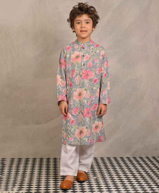 GREY FESTIVE PRINT PURE COTTON KURTA PYJAMA SET - GREY/WHITE
