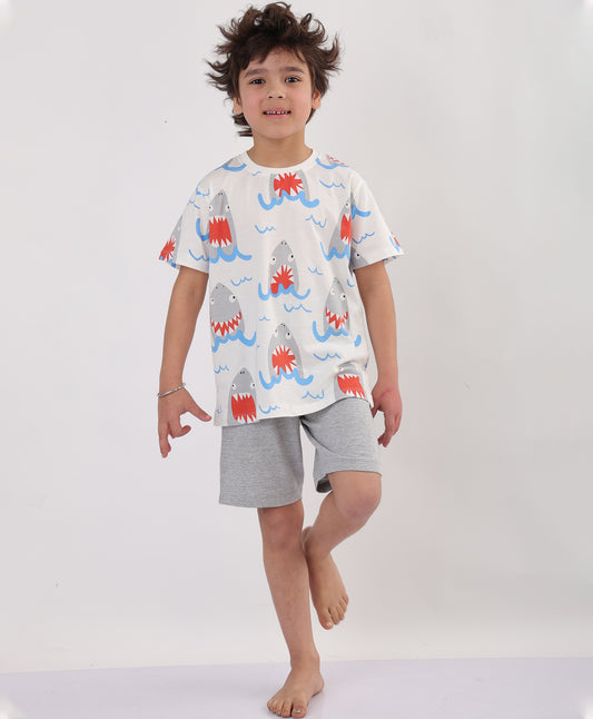 SUMMER SLEEPY SHARK SLEEPWEAR SHORTS SET - OFF WHITE