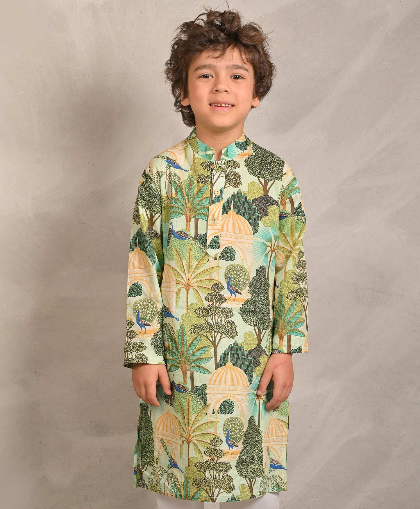 GREEN TEMPLE PRINT PURE COTTON KURTA - GREEN