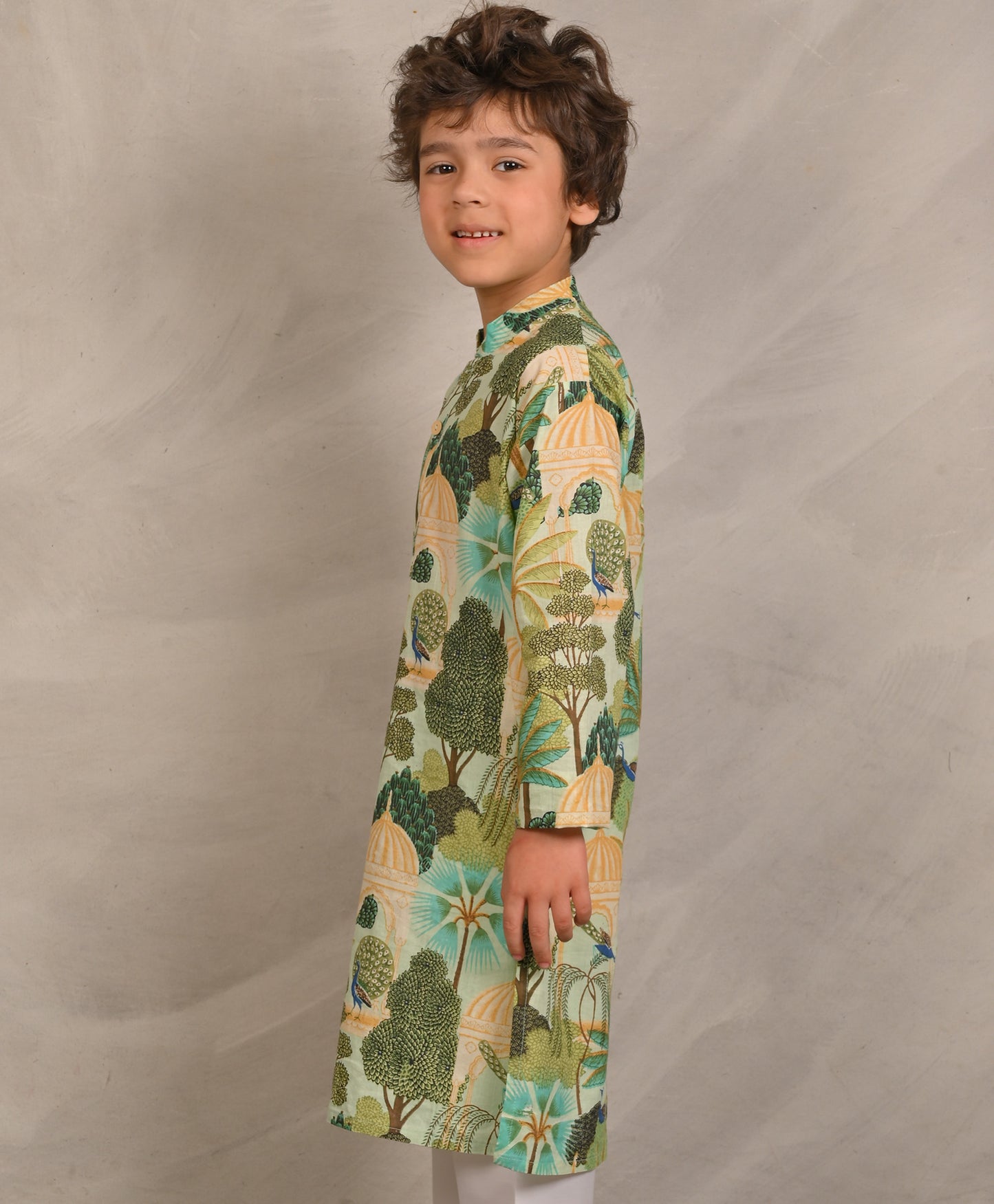 GREEN TEMPLE PRINT PURE COTTON KURTA - GREEN