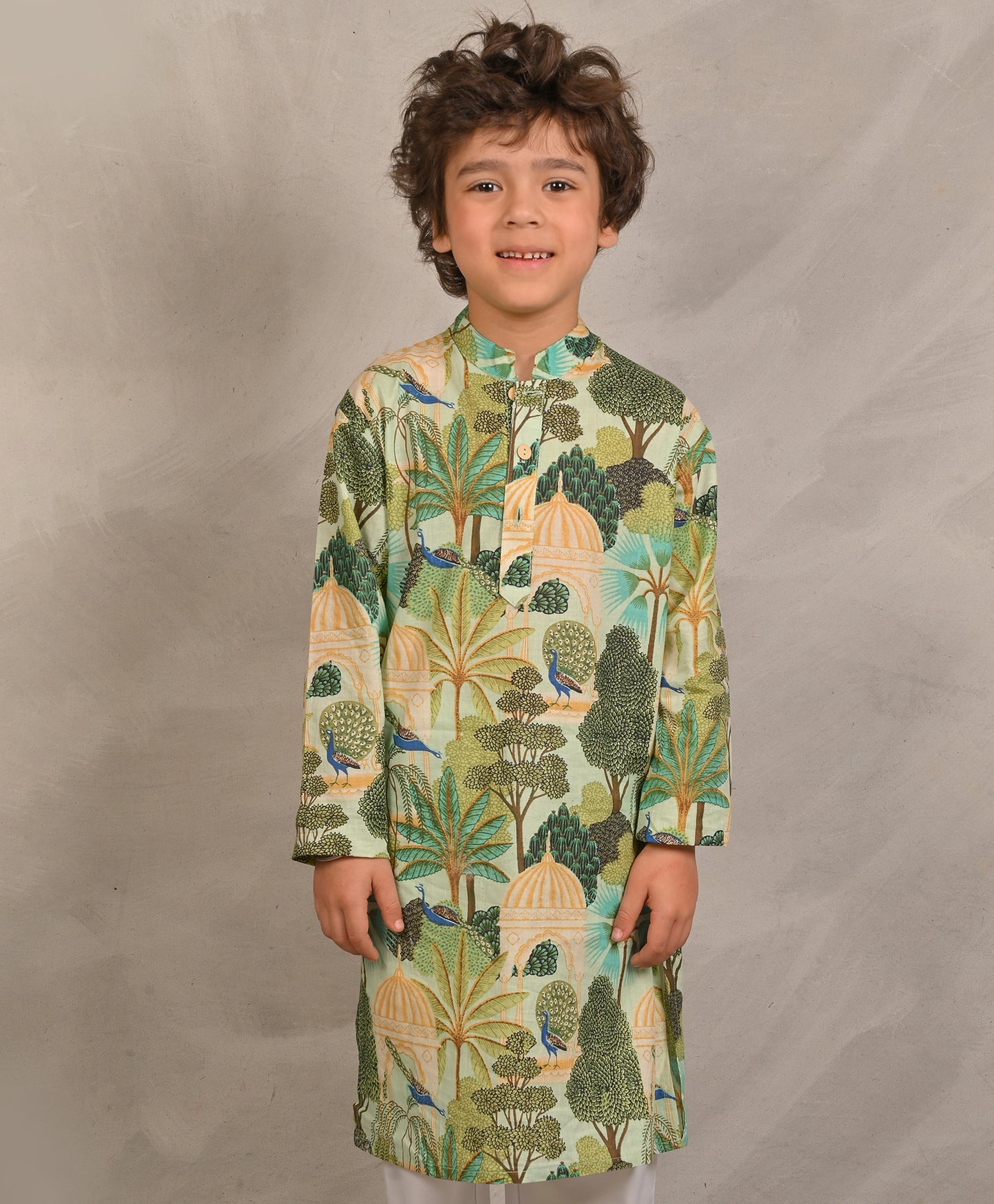 GREEN TEMPLE PRINT PURE COTTON KURTA - GREEN