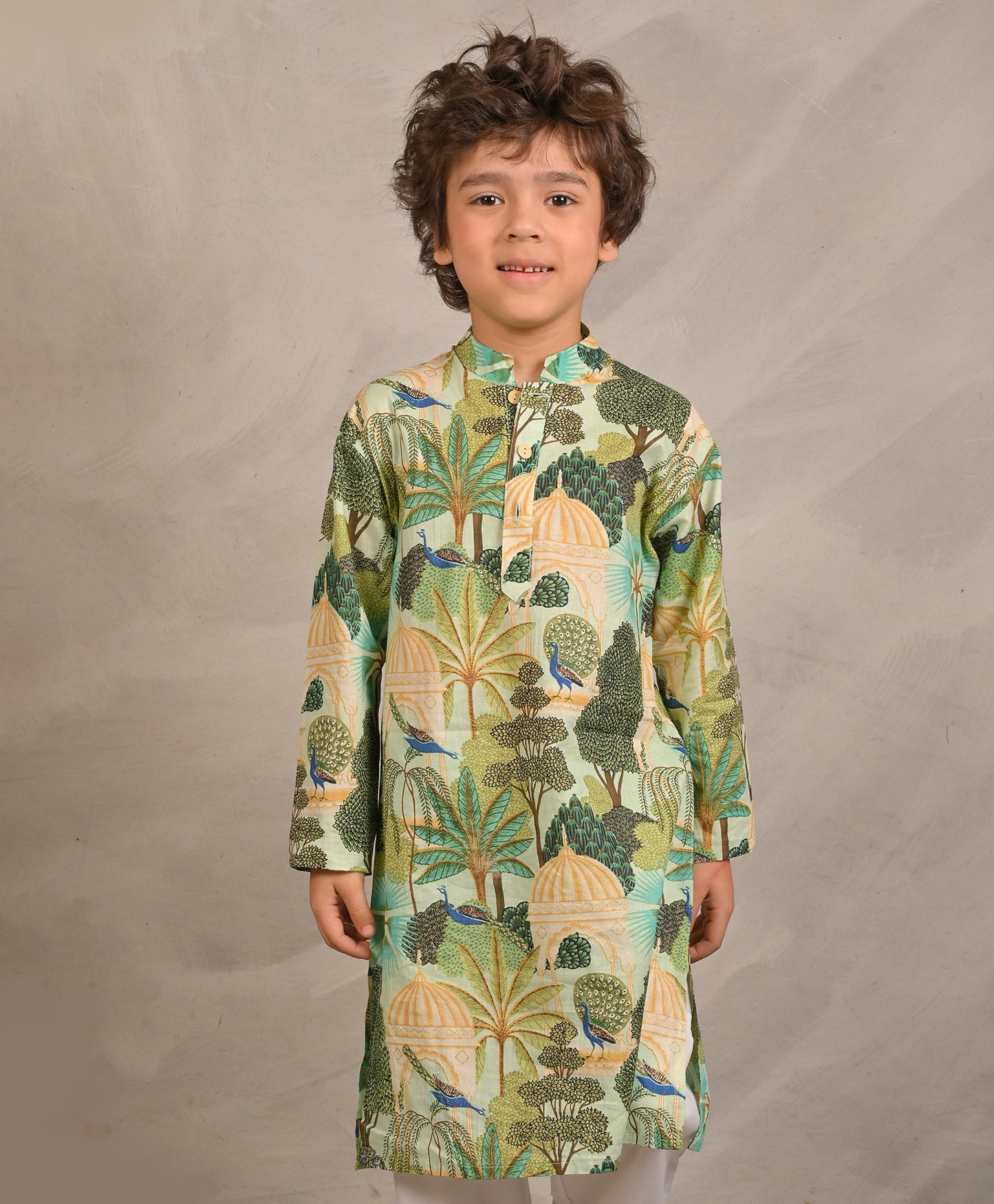 GREEN TEMPLE PRINT PURE COTTON KURTA - GREEN