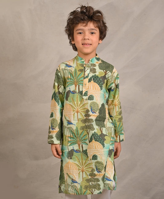 GREEN TEMPLE PRINT PURE COTTON KURTA - GREEN