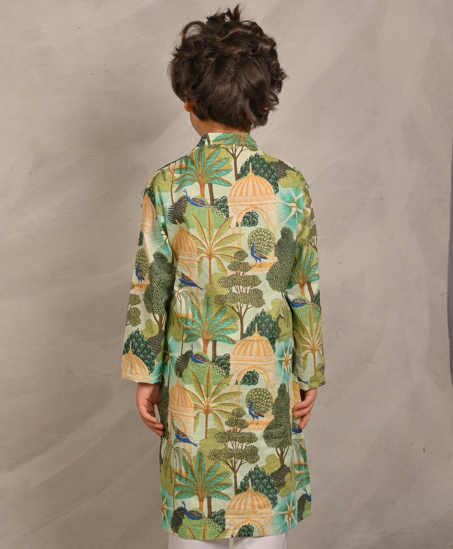 GREEN TEMPLE PRINT PURE COTTON KURTA - GREEN