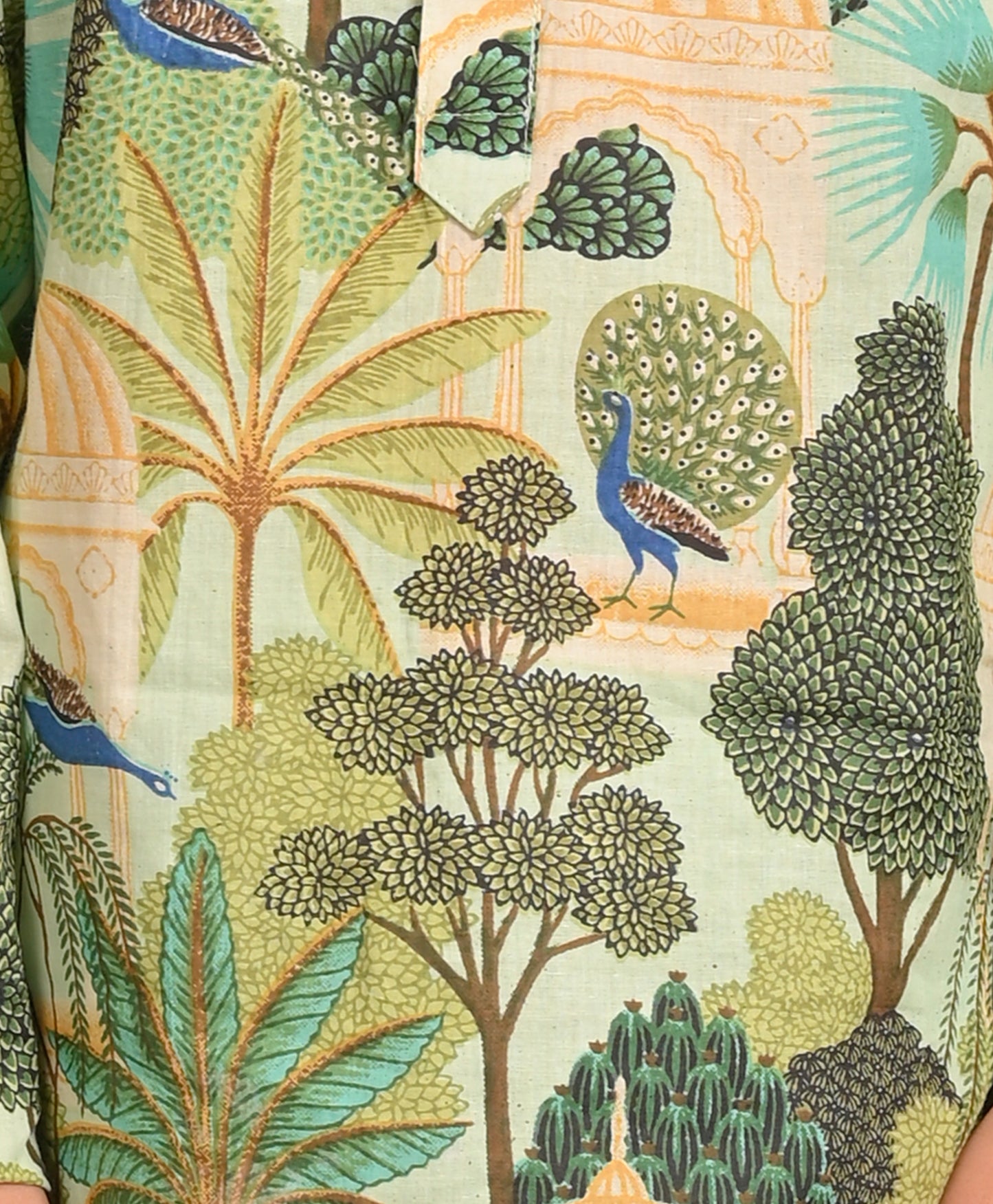 GREEN TEMPLE PRINT PURE COTTON KURTA - GREEN