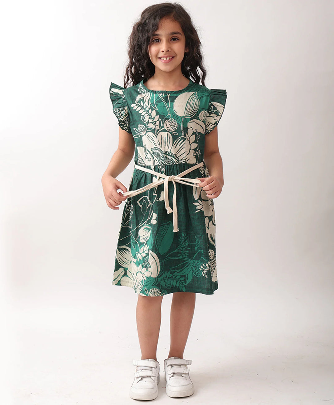 FLORAL GREEN FRILL DRESS - GREEN - Anthrilo 