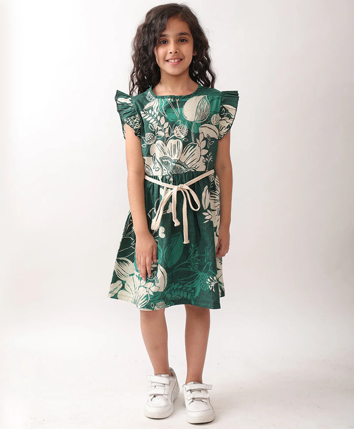 FLORAL GREEN FRILL DRESS - GREEN - Anthrilo 