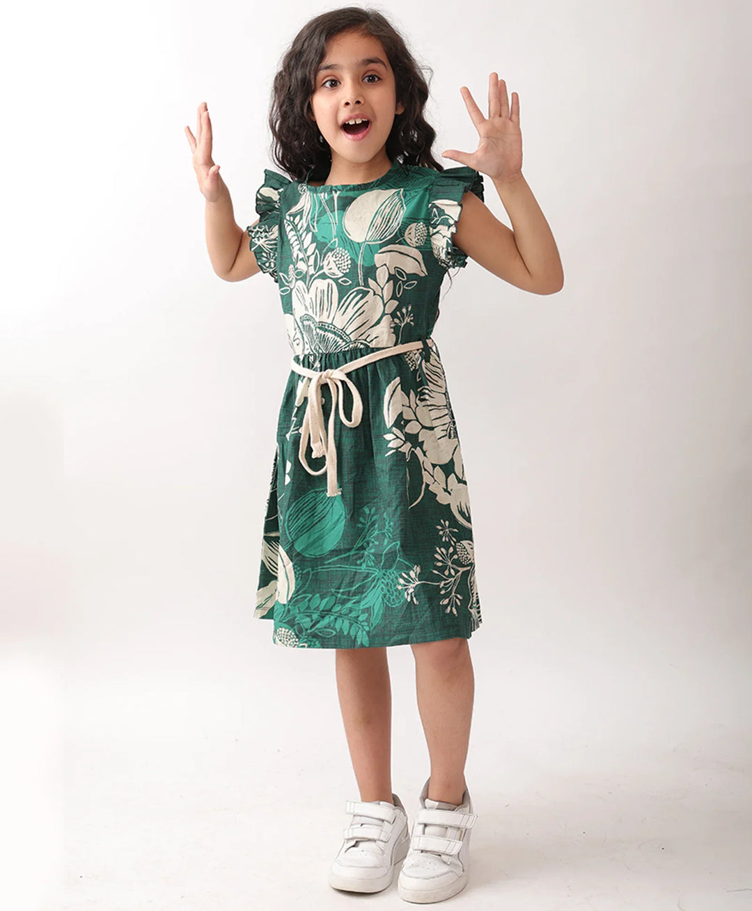 FLORAL GREEN FRILL DRESS - GREEN - Anthrilo 