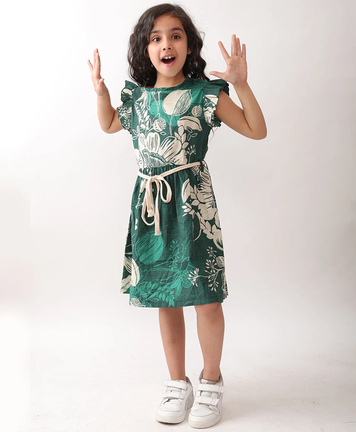 FLORAL GREEN FRILL DRESS - GREEN - Anthrilo 