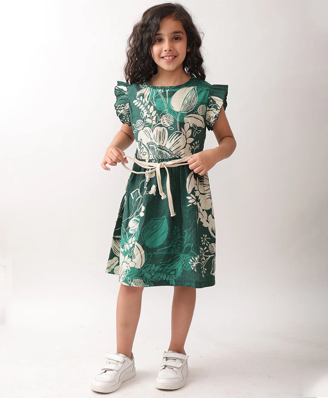 FLORAL GREEN FRILL DRESS - GREEN - Anthrilo 