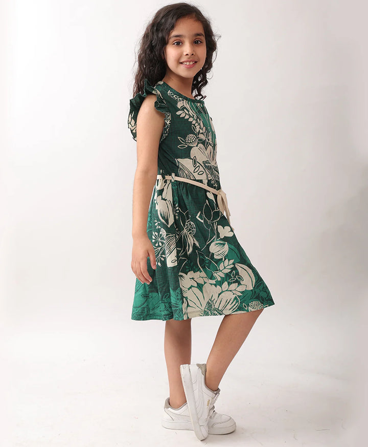 FLORAL GREEN FRILL DRESS - GREEN - Anthrilo 