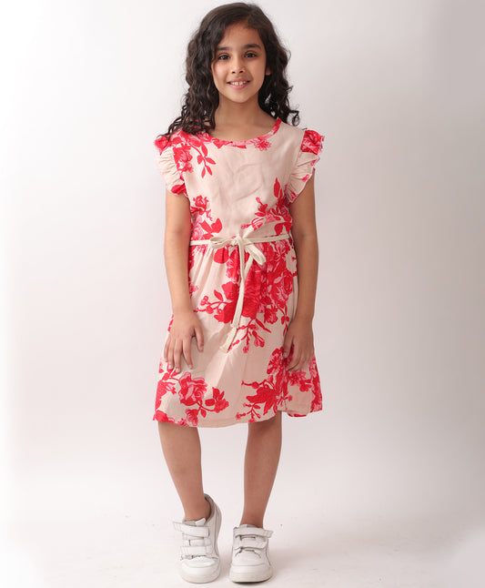 SUMMER FLORAL PEACH FRILL DRESS - PEACH