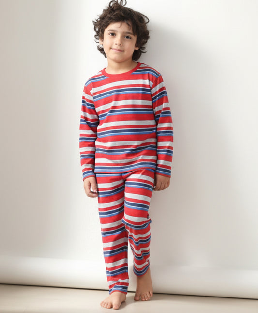 RED BLUE GREY STRIPE BOYS PYJAMA SET - MULTI