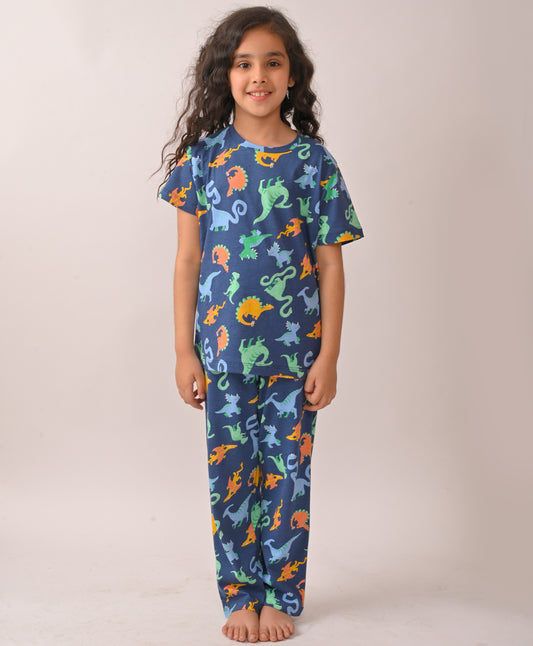 SUMMER BLUE DINO DREAMS GIRLS SHORT SLEEVES PYJAMA SET - BLUE