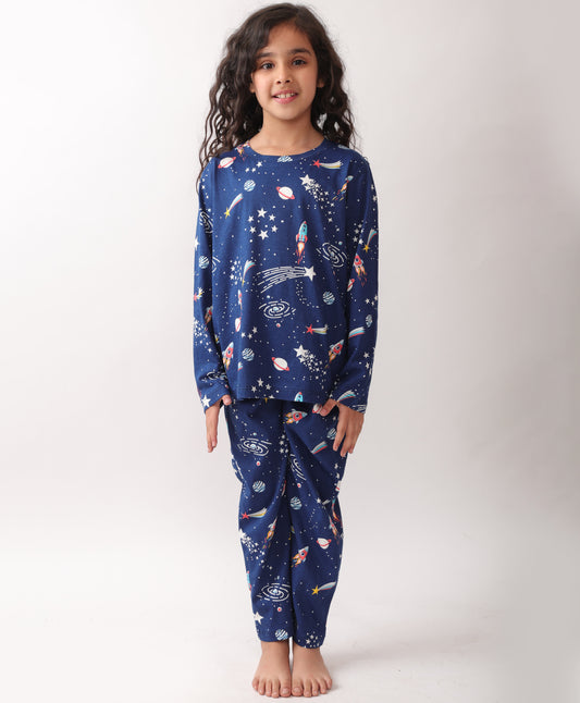 SUMMER SOLAR SYSTEM FUN DREAMS GIRLS LONG SLEEVES PYJAMA SET - BLUE