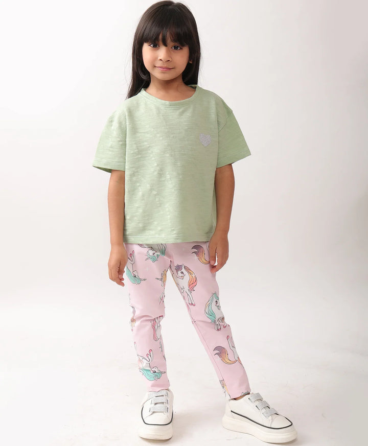 GREEN JACQUARD UNICORN STAR LEGGINGS SET - GREEN/PINK - Anthrilo 