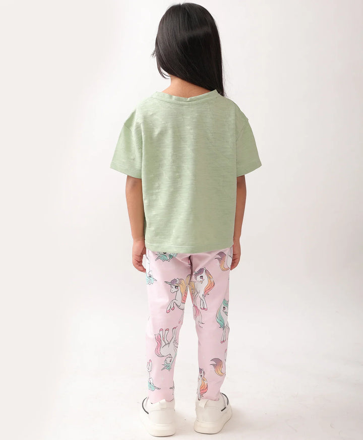 GREEN JACQUARD UNICORN STAR LEGGINGS SET - GREEN/PINK - Anthrilo 